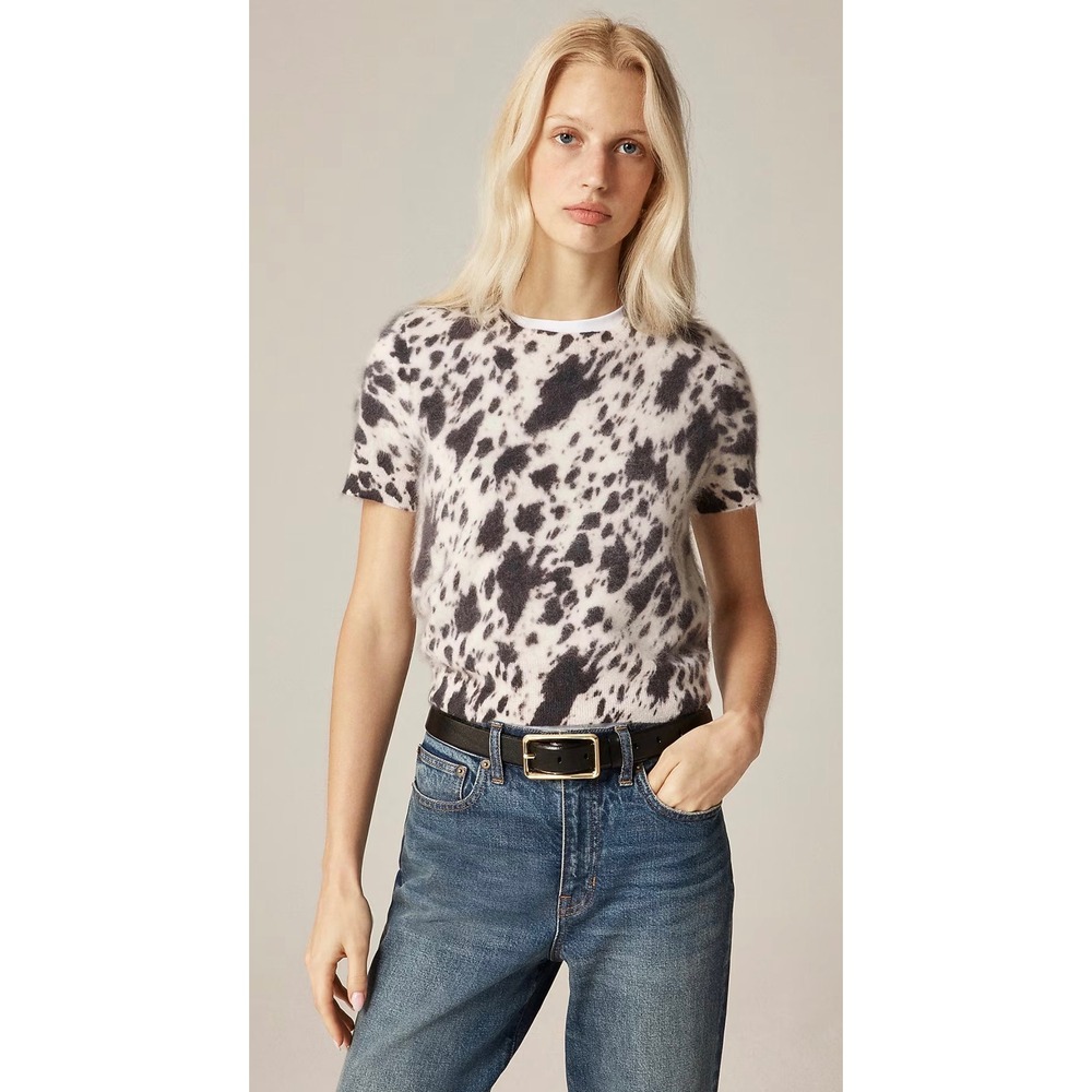 J.CREW Brushed Cashmere T-shirt in Cow Print Small Cream NEW Designer Luxury